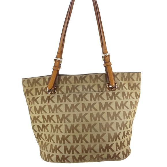 Michael Kors Handbags - Michael Kors Beige Tan MK Monogram Canvas Tote Shoulder Bag Gold Hardware‎